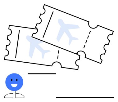 Çizgili iki uçak bileti ve neşeli bir gülen karakter. Seyahat, rezervasyon, macera planlaması, turizm, tatil, hava yolculuğu için ideal, soyut düz metafor