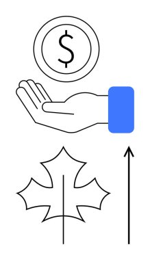 Para birimi stilize edilmiş yaprak yukarı doğru ok finansal başarı ekolojik bilinç ilerlemesini sembolize eder. Ekonomi, sürdürülebilirlik, büyüme, refah, denge, finans ve kalkınma için ideal. Çizgi