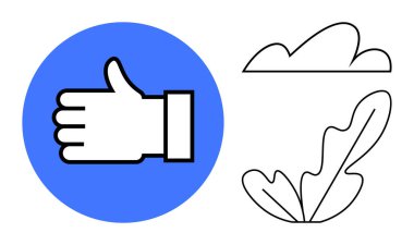 Minimalist bulut ve yaprak elementlerinin yanındaki mavi çemberin içindeki el hareketini onaylıyor. Onay için ideal, pozitiflik, doğa, basitlik, minimalizm, tasarım, motivasyon. Temiz soyut çizgi düz