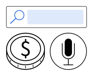 Büyüteç, bozuk para ve mikrofon içeren arama çubuğu online arama, para, ses komutu. Teknolojik yenilik için ideal, dijital pazarlama, bankacılık, Al Fintech soyut e-ticaret
