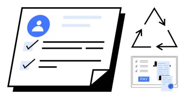 Profil ve kontrol işaretleri, geri dönüşüm sembolü ve fatura ve ödeme düğmesini gösteren tablet ekranlı iş belgesi. Dijital iş akışı, ödeme, belge yönetimi ve çevre dostu için ideal