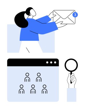 Bildirimli e-posta tutan bir kadın, dijital kullanıcı grubu arayüzündeki insanlar, arama için büyüteç. İletişim, ağ oluşturma, kullanıcı bağlantısı, analitik, takım çalışması, medya için ideal