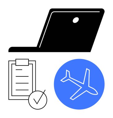 Dizüstü bilgisayar, işaretli kontrol listesi ve mavi daireli uçak simgesi. Seyahat planlama, çevrimiçi rezervasyon, programlama, görev yönetimi, lojistik, uzaktan çalışma soyut metaforu için ideal