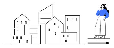 Değişik boyutlarda ve stillerde modern binaların yanında düşünceli bir kadın duruyor. Kentsel planlama, karar verme, gayrimenkul, gelecekteki vizyon, yaratıcılık, mimari için ideal