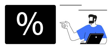 Dizüstü bilgisayarı tutan adam, büyük siyah yüzde sembolünü işaret ediyor. Finans, muhasebe, satış, veri analizi, iş büyümesi, yatırım pazarlaması için ideal. Mavi ve siyah soyut çizgi düz metafor