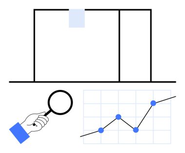 Yükselen trend çizelgesi ve sunum panosunun yanında el ele tutuşan büyüteç. Veri analizi, büyüme stratejisi, iş planlaması, araştırma, ilerleme izleme, analitik, soyut çizgi için ideal