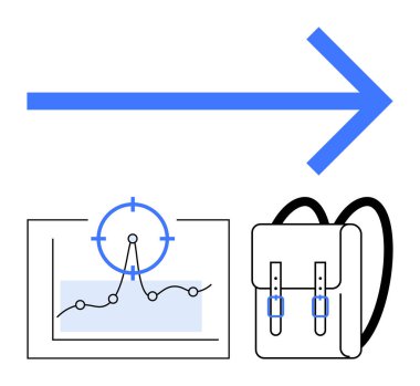 Mavi ok ileri, çizgi grafiği hedef odaklı ve sırt çantası büyümeyi, eğitimi, planlamayı ve ilerlemeyi simgeliyor. Eğitim, analitik, hedef yenilikçi yolculuk verimliliği için idealdir.