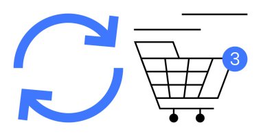 Alışveriş arabasında mavi dairesel güncelleme oklarının yanında sürekli online alışveriş olduğunu belirten üç madde var. E-ticaret, perakende, alışveriş uygulamaları, güncellemeler, araba yönetimi, hisse senedi