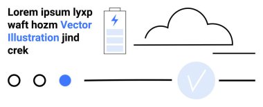 Metin, pil simgesi, bulut taslağı ve üç seçim göstergesiyle soyut kompozisyon. Teknoloji, bulut depolama, kullanıcı arayüzü, minimal tasarım, enerji yönetimi navigasyonu için ideal