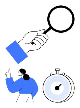 Keşif için büyüteçle el, kadın fikirleri jestler, ve zaman yönetimi için kronometre. Araştırma, analiz, planlama, verimlilik, odaklanma, öğrenme ve soyut çizgi için ideal