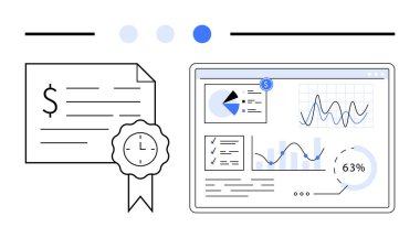 Dolar işareti ve kurdele sertifikası, veri grafikleri, grafikleri ve analizleri gösteren tablet. Finans, işletme, sertifika, analitik, veri görselleştirme performansı ve raporlama için ideal