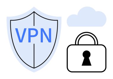 VPN metin, bulut ve kilitlenmiş internet güvenliği ve veri şifreleme kalkanı. Siber güvenlik, çevrimiçi mahremiyet, güvenli tarama, veri koruması, bilişim hizmetleri, dijital güvenlik teknolojisi için ideal