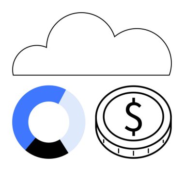 Bulut taslağı, pasta grafiği ve dolar para veri depolama, analiz ve finansal başarıyı vurgular. İş, teknoloji, finans, veri yönetimi, bulut hesaplama analitik çizgisi için ideal