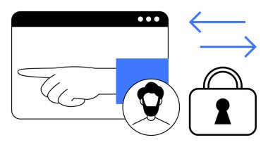 İşaret eli, kullanıcı avatarı, asma kilit ve veri aktarım okları olan tarayıcı penceresi. Güvenlik, giriş, kullanıcı kimlik denetimi, veri gizliliği, kimlik doğrulaması için ideal. Çizgi