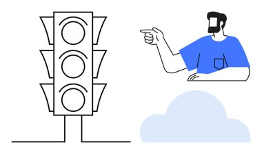 Mavi gömlekli bir adamın yanında trafik ışığı ve basit bir bulut şekli. Navigasyon, yön, karar verme, yönlendirme, odaklanma, trafik kuralları motivasyon için idealdir. Asgari