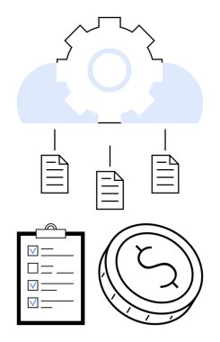 Bulut teçhizatı dokümanlar, kontrol listesi panosu ve dolar sikkesi ile birleşiyor. Bulut depolama, otomasyon, iş akışı yönetimi, üretkenlik araçları, mali planlama, iş stratejileri için ideal