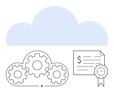 Birbirine kenetlenmiş üç vites ve bir sertifika üzerinde büyük bir bulut geziniyor. Otomasyon, bulut hesaplama, dijital güvenlik, teknoloji entegrasyonu, bilişim sertifikaları, süreç optimizasyonu, veri
