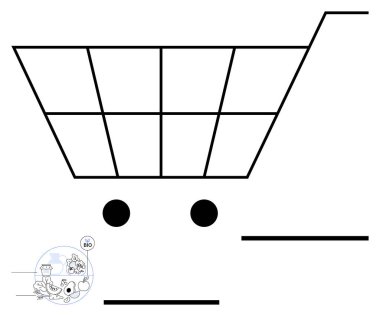 Shopping cart forms an abstract human face. Tiny bio icon showcases organic products. Ideal for eco-friendly shopping, sustainability, organic produce, food consumption, environmental care, retail clipart