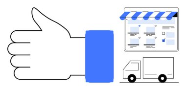 Baş parmak hareketi, vitrindeki tenteli internet sayfası, teslimat kamyonu. Perakende, e-ticaret, lojistik, müşteri memnuniyeti, online alışveriş hızlı dijital onay için ideal. Soyut