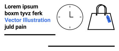 Modern saat sanatı, fiyat etiketli alışveriş çantası ve yer tutucu metni. E-ticaret, perakende, zaman yönetimi, pazarlama, markalaşma, satış stratejileri düz iniş sayfası afişi için ideal