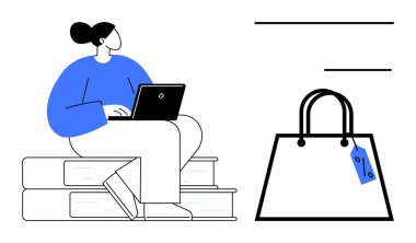 Mavi bluzlu kadın dizüstü bilgisayar kullanırken yanında etiketleri olan büyük bir alışveriş çantası taşıyor. Çevrimiçi öğrenim, alışveriş, iş hayatı dengesi, öğrenim, e-ticaret, tüketici davranışı için ideal