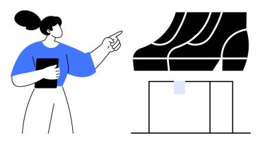 İş kadını elinde tablet tutarken büyük bir ayakkabı modelini işaret ediyor. İş sunumları, ürün tasarımı, pazarlama stratejileri, moda endüstrisi, kavramsal düşünce, liderlik için ideal