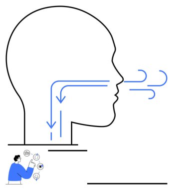 Nefes alma sürecini gösteren hava akışı okları olan insan kafası profili. Konuşmayı, nefes almayı, iletişimi, sağlığı, bilimi ya da fikirleri analiz eden kişi. Eğitim ve tıp için ideal yapay zeka teknolojisi metaforu