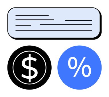 Siyah dairede para birimi sembolü, mavi dairede yüzde simgesi ve yatay metin bloğu. Finans, ekonomi, bankacılık, yatırım, tasarruf faiz oranları bütçesi için idealdir. Soyut satır düzlüğü