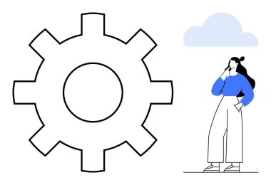 Mavi elbiseli kadın, büyük bir dişlinin yanında, problem çözmeyi, üretkenliği temsil ediyor. Yenilik, mühendislik, iş stratejileri, yaratıcı düşünme, verimlilik, endüstriyel süreçler için ideal