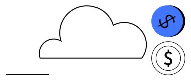 Siyah para ve mavi dolar işareti çemberiyle bulut çizgisi. Teknoloji, finans, yenilik, bulut hizmetleri, dijital ekonomi, çevrimiçi işlemler, ekonomi için ideal. Soyut satır düzlüğü