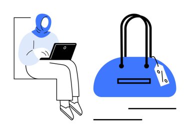 Bilgisayarlı bir kadın internette alışveriş yaparken yanında fiyat etiketi olan büyük mavi bir çanta vardı. E-ticaret, çevrimiçi perakende, dijital pazarlama, kadın yaşam tarzı, alışveriş uygulamaları, teknoloji meraklısı
