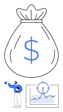 Dolar işaretli büyük para çantası, mali tablonun yanında para tutan işadamı hedefteki büyümeyi vurguluyor. Yatırım, finans, iş, tasarruf, analiz, planlama, soyut çizgi için ideal