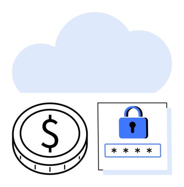 Para ve şifre kilit görselleri üzerinde bulut, finans, çevrimiçi güvenlik ve şifreleme vurgulanıyor. Fintech, siber güvenlik, bulut depolama, dijital ödemeler, veri gizliliği işlemleri için ideal