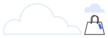 Fiyat etiketi olan bir alışveriş çantasının yanında büyük ve küçük bulut simgeleri. Çevrimiçi alışveriş, dijital pazarlama, bulut hizmetleri, e-ticaret, veri depolama, teknoloji entegrasyonu, sanal perakende