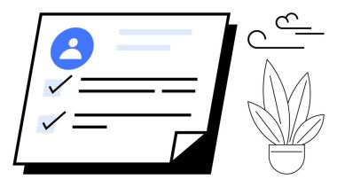 Profil simgesine sahip kontrol listesi, görevlerde işaretler, saksı bitkisi ve soyut satırlar. Üretkenlik, organizasyon, görev yönetimi, verimlilik, iş-yaşam dengesi proje planlaması için ideal