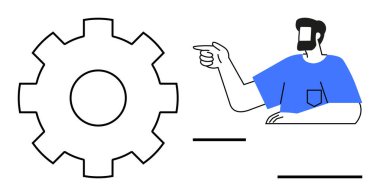 Mavi tişörtlü adam, büyük taslak teçhizatta. Takım çalışması, problem çözme, mekanik, mühendislik, rehberlik, öğretici içerik, motivasyonel soyut çizgi düz metaforu için ideal