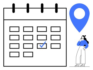 İşaretli tarihli takvim, lokasyon iğnesi, tefekkür eden kadın. Program, planlama, etkinlik yönetimi, karar verme, atamalar, navigasyon verimliliği için ideal. Modern soyut çizgi düz