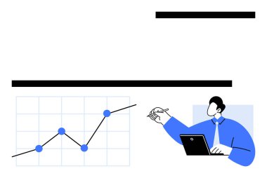 Çizgi çizelgesinde yükselme eğilimi, elinde kalem ve dizüstü bilgisayarla verileri analiz eden bir adam. Ticari büyüme, analitik, başarı, kurumsal strateji, kazanç raporu, planlama, soyut çizgi düz metafor için ideal