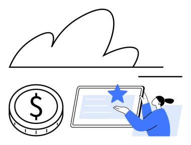 Bulut taslağı, dolar parası, içeriği ve yıldız özelliği olan tablet, kullanıcı etkileşimi. Finans, dijital hizmetler, teknoloji, e-öğrenme, müşteri merkezli yenilikler için ideal SaaS platformları soyut