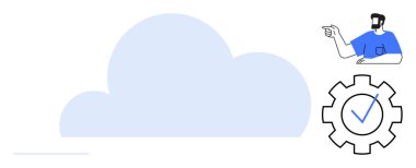 Büyük bulutu işaret eden kişi, içerideki vites kutusunu işaretliyor. Bulut hesaplama, teknoloji, iş çözümleri, veri yönetimi, bilişim hizmetleri, ağ güvenliği uzaktan çalışma için idealdir. Soyut satır düzlüğü