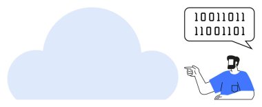 İkili kodlu konuşma baloncuğu eşliğinde büyük bulut şeklini gösteren bir adam. Temalar için ideal bulut hesaplama, dijital veri, programlama, teknoloji entegrasyonu, yazılım geliştirme