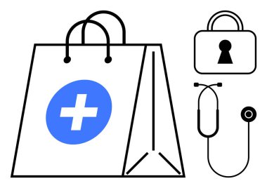 Çapraz ikon, steteskop ve asma kilit içeren tıbbi çanta sağlık hizmetleri erişimi ve güvenliği vurguluyor. Teletıp, internet eczaneleri, sağlık hizmetleri, güvenlik, tıbbi malzemeler, sağlık hizmetleri için ideal