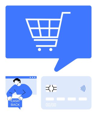 Konuşma balonunda alışveriş arabası, nakit para teklif eden kişi ve temassız ikonlu ödeme kartı. E-ticaret, alışveriş, nakit para, ödemeler, teknoloji, dijital perakende soyut hat için ideal