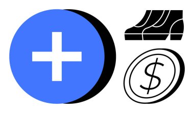 Beyaz artı işaretli mavi daire, siyah çizgi grafiği, dolar para ana hatları sağlık hizmetini, finansal büyümeyi, başarıyı, yatırımı, ekonomik ilerlemeyi, tıbbi ilerlemeyi ve refahı sembolize ediyor. İdeal