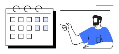 Izgara düzeni ve vurgulanmış tarihlerle takvim. Mavi gömlekli adam takvimi işaret ediyor. Planlama, organizasyon, zaman yönetimi, zamanlama, verimlilik, iş toplantıları için ideal