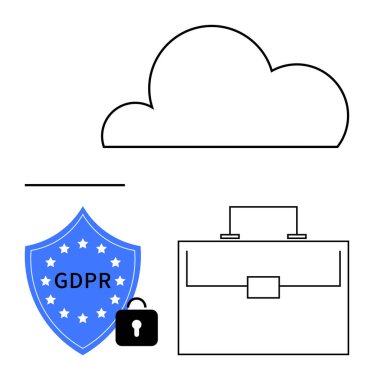 Bulut depolama ikonu, GDPR etiketli kalkan ve asma kilit, evrak çantası. Veri koruması, siber güvenlik, gizlilik yasaları, iş güvenliği, uyum, bulut hesaplama soyut düz metaforu için ideal
