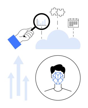 Verileri analiz eden büyüteç, bulmaca parçaları ve takvim ile bulut, yüz tanıma ve yukarı bakan oklarla el. Yapay zeka, analitik, yenilik, bulut hesaplama, verimlilik artışı için ideal
