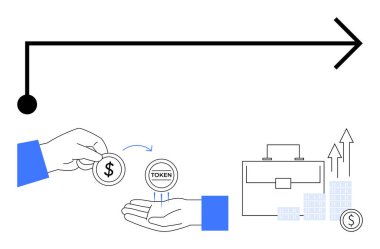 Finansal kavramları temsil eden el değiştirme jetonları. Evrak çantası, bar çizelgeleri, yükselen oklar ve bozuk para yığını dahil. Finans, yatırım, iş büyümesi için ideal, girişimler ekonomik