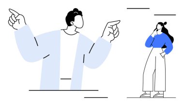 İki figür bir noktayla güven içinde etkileşime girerken, diğeri bunu düşünüyor. İletişim, öğretmenlik, karar verme, beyin fırtınası, liderlik, otoriteyi sorgulama, rehberlik için idealdir. Minimalist