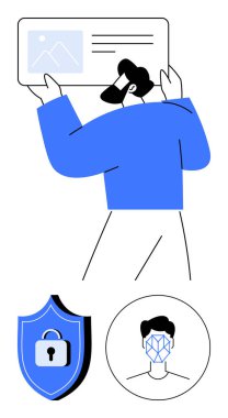 İçerik görüntüsü tutan kişi, siber güvenliği gösteren kilitli kalkan, dijital kimlik için yüz taraması. Teknolojik yenilik, veri güvenliği, akıllı kimlik, gizlilik, uyum, güvenlik araçları için ideal